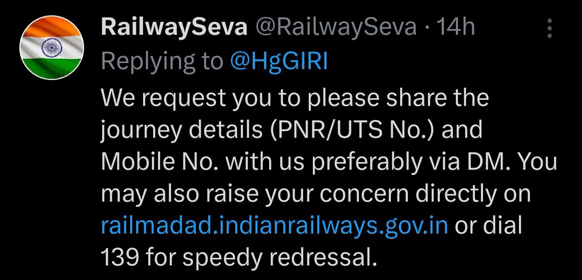 HgGIRI's tweet photo. @RailwaySeva I got this repl @RailwaySeva @RailMinIndia will this really solve the problem, why did citizen's give more than 30% of salary as tax and gst had to suffer all this negligence from government agencies. Refund my time &amp; all the passengers suffering. Can you ? https://t.co/hzr2ktGJrn