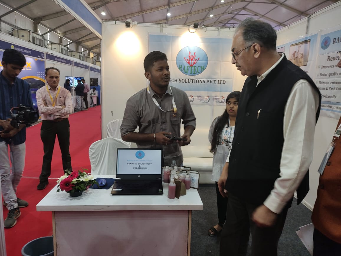 The Secretary, Department of Fisheries, <a href="/likhi_dr/">Dr Abhilaksh Likhi</a>, visited an exhibition stall of Raftech Solutions Pvt. Ltd. in #GFCIndia2023 and the exhibitor explained and showcased innovative products in the field of Seaweed cultivation and processing which is pest tolerant and eco friendly.