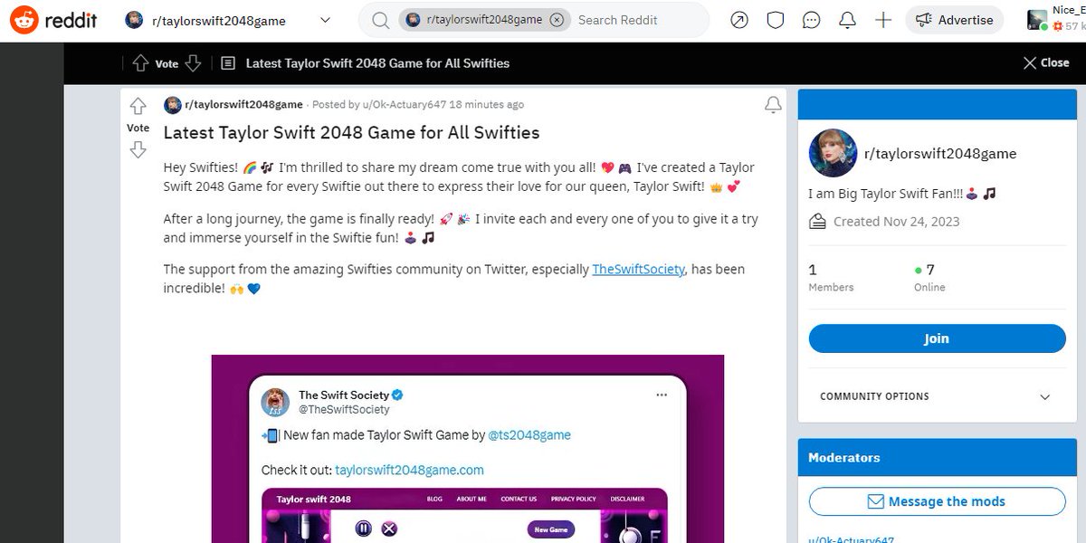 ts2048game's tweet photo. Hey Swifties! 🚀 Exciting news—I've just launched our very own Reddit community! 🎉 Join me for daily updates, news, and all things Taylor Swift 2048! 📰💕

👉 Dive into the Swiftie fun on Reddit: https://t.co/449kUWlv0h https://t.co/wl0ixClN0T