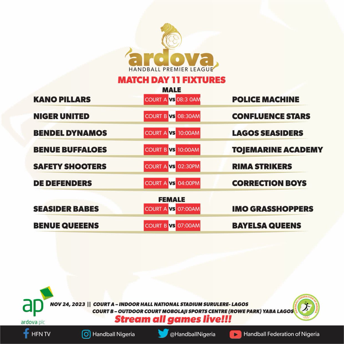 Handballnigeria's tweet photo. We are coasting home to the end of the @ardovaplc Handball Premier League 2023. Check out day 10 results of phase 2 in Lagos.
Also see day 11 fixtures.
#APHPL https://t.co/OVjwWZtOvU