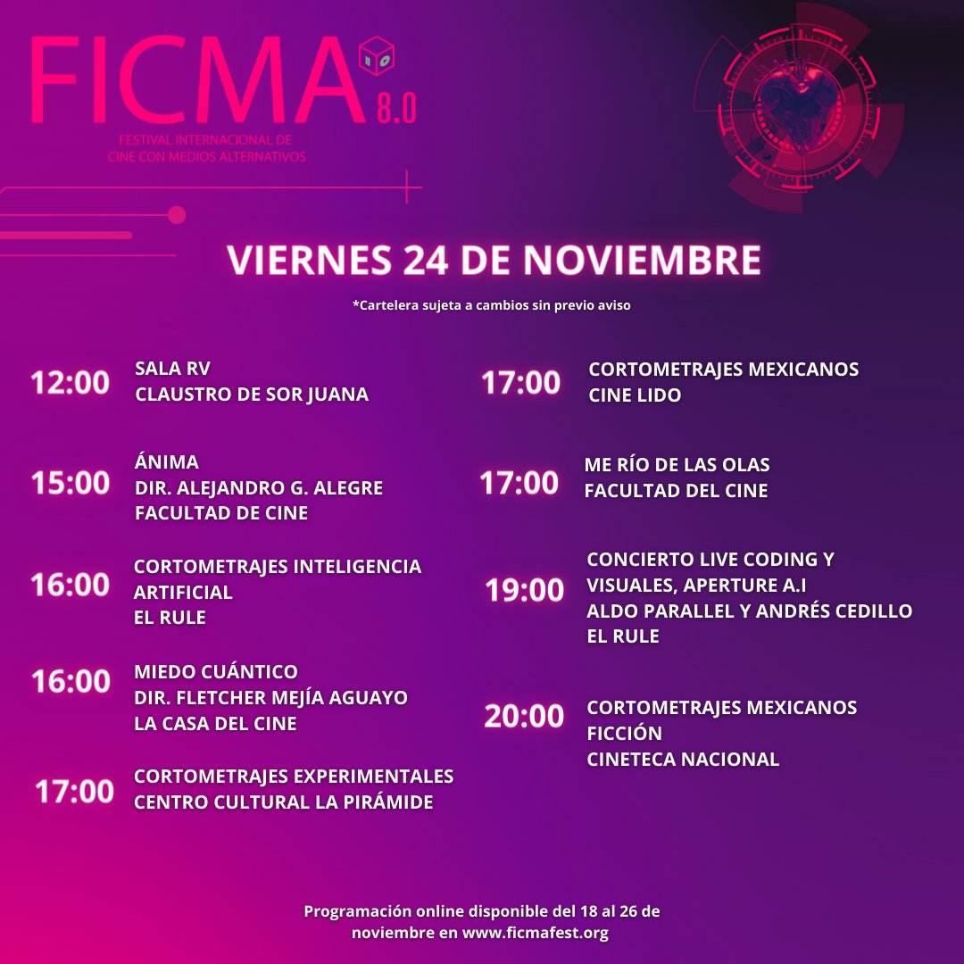 ficmafest's tweet photo. Estamos en la recta final de #FICMA 8.0, conoce las actividades del día 7 del festival. 🤖👾

#FICMA8 #sinmiedoalasmáquinas #IA #tecnologia #audiovisual #cine https://t.co/8LVhWqYBd3