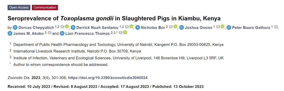 👏Seroprevalence of Toxoplasma gondii in Slaughtered Pigs in Kiambu, Kenya 📖Full text: mdpi.com/2813-0227/3/4/…
