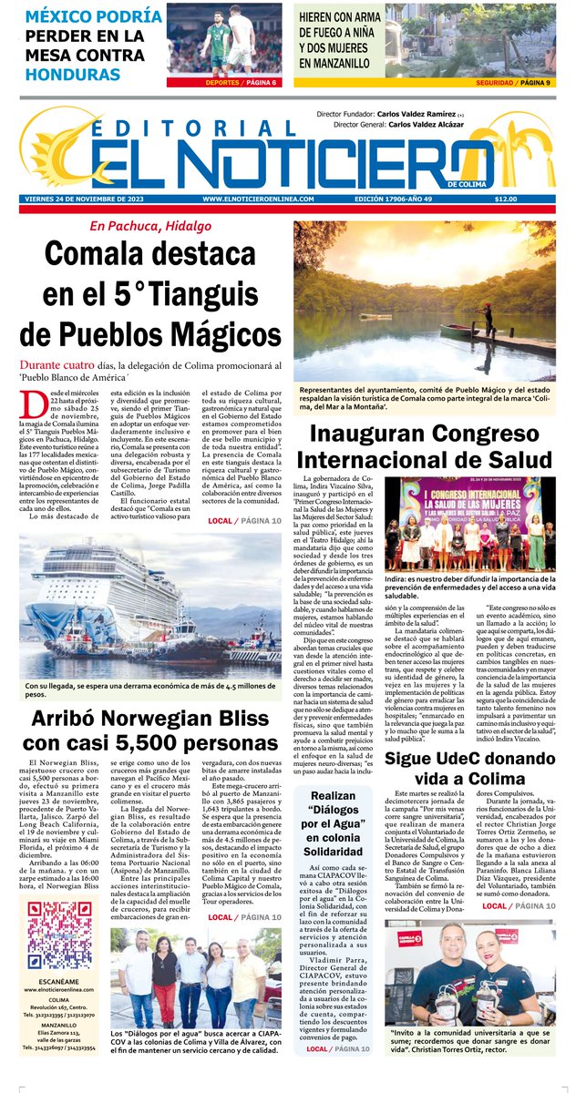 NoticieroColima's tweet photo. PORTADA VIERNES 24 DE NOVIEMBRE DE 2023 https://t.co/dZqdNBkc3R