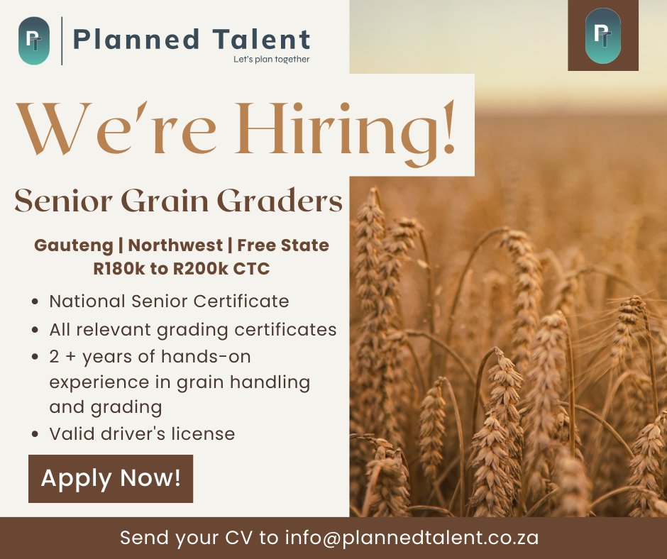 PlannedTalent's tweet photo. Experienced in Grain Handling and Grading? 🌾 Join our client, a pioneering leader in the agri-food sector, now hiring skilled Senior Grain Graders in various locations: Gauteng, North West, and Free State. R150k to R180k CTC. Apply today! https://t.co/zYHbJkaEmD
#HIRINGNOW https://t.co/JckxOzSbQl
