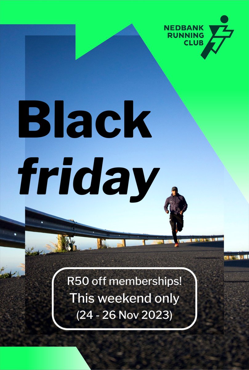 cg_nedbank's tweet photo. ⚠️BLACK FRIDAY DISCOUNT⚠️

Sign up this weekend and get R50 off your membership 🥳

Valid 24 to 26 November 2023 for all memberships excluding already discounted Pensioners and Juniors 🏃‍♀️🏃🏿‍♂️

@nedbanksport 
@Bavaria 
@BiogenSA 
@futurelifeza 
@Nike 
@ThirstiW https://t.co/G1vFUjOJ99