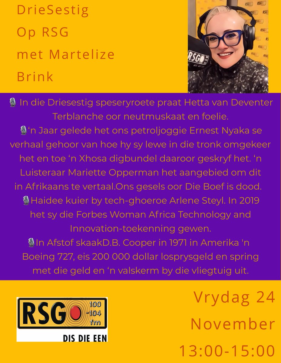 Martelize Brink (@martelizebrink) on Twitter photo Goeie môre!! Ek hoop jy het ‘n heerlike naweek op hande. Ek vat later die pad George toe vir Die Gesprek met die ATKV tak Sommer net Ons. Wat is jou planne? Hier is ons program vir vandag 🎙️<a href="/zarsg/">RSG 100-104FM</a> Goeie môre!! Ek hoop jy het ‘n heerlike naweek op hande. Ek vat later die pad George toe vir Die Gesprek met die ATKV tak Sommer net Ons. Wat is jou planne? Hier is ons program vir vandag 🎙️<a href="/zarsg/">RSG 100-104FM</a>