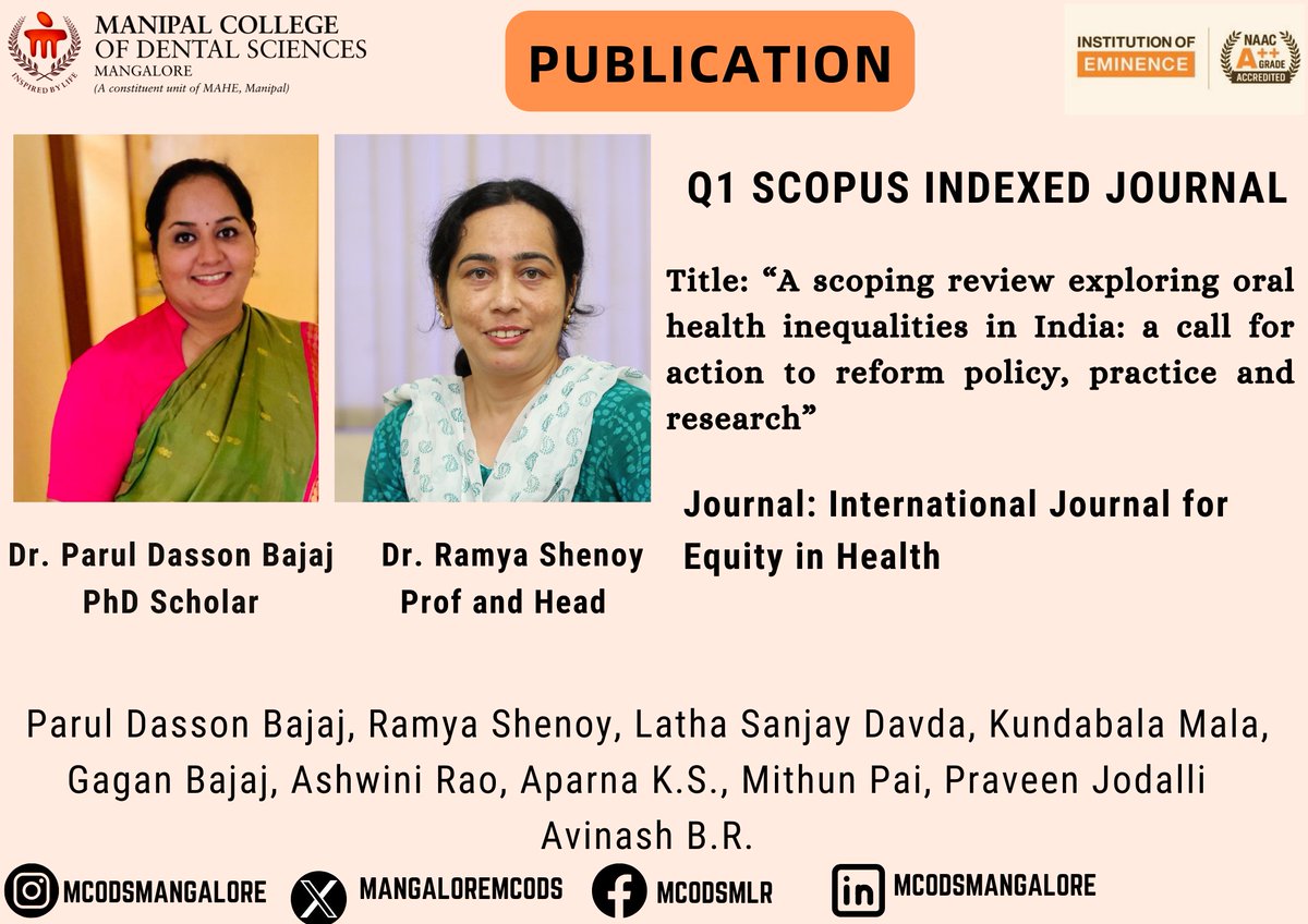 Congratulations, Team Public Health Dentistry, on your scientific publication. 
#mahemanipal #mcodsmlr #mahe_manipal #mcodsmangalore#SDG