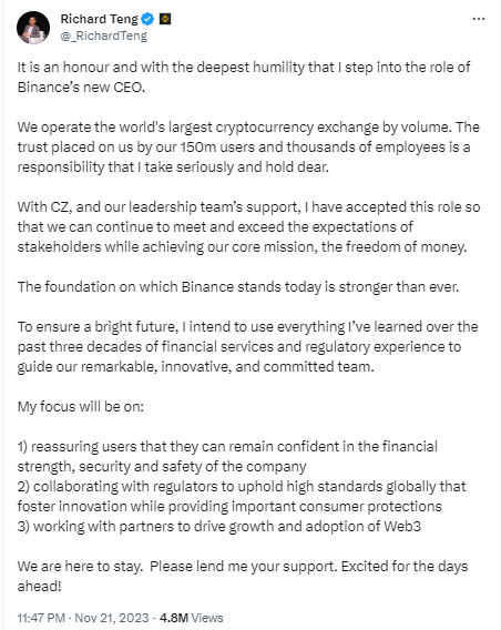 CalvinTang20009's tweet photo. Teng’s Commitments and Future Direction

The newly appointed CEO, Richard Teng, assumed the mantle immediately. He pledged to lead Binance into its next development phase while prioritizing security, transparency, compliance, and expansion. Teng’s extensive thirty years of experience in financial services and regulation positioned him as a figure with the expertise to navigate the challenges facing Binance.

Despite stepping down as CEO, CZ assured stakeholders of his continued involvement. He expressed readiness to provide consultations when needed, leveraging his stakeholder status and deep understanding of the company’s history. Additionally, he outlined his plans for sabbatical and passive investments in blockchain, AI, biotech, and DeFi startups, signalling a shift in focus while denying allegations of financial misconduct.

Richard Teng’s vision as CEO emphasized the importance of maintaining financial stability, security, and safety at Binance. He highlighted the need for regulatory compliance with global regulations and collaboration with authorities. Notably, he underlined the necessity of adhering to U.S. laws when serving U.S. customers, aligning with the position of the U.S. government.

The Binance case encompasses a series of legal actions by regulatory bodies, the attempted dismissal of the CFTC lawsuit based on jurisdictional claims, the SEC’s additional allegations, CZ’s unexpected resignation, the appointment of Richard Teng as CEO, and the new leadership’s commitment to compliance and collaboration.

These developments have far-reaching implications for the world’s largest cryptocurrency exchange and the broader crypto industry. The market reacted with several sharp downfalls, but recovered almost fully. It seems that the bullish trend is gaining momentum despite a lot of negative regulation-related cases.

#CryptoNews #Binance