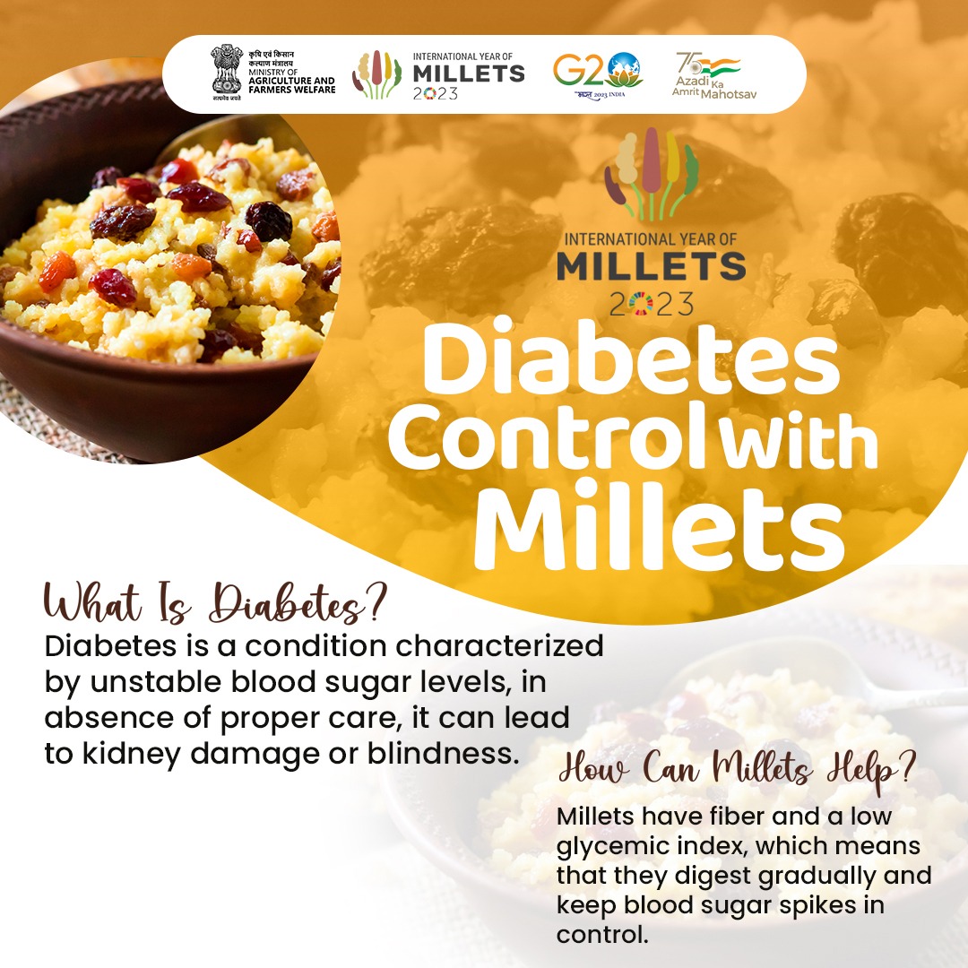 Exploring a diet suitable for diabetes? Embrace millets! 🌾✨ These nutrient-rich grains boast a low glycemic index, ideal for regulating blood sugar. 📉🩸 Integrate millets into your meals for effective diabetes management. #IYOM2023 #Millets #BloodSugarControl