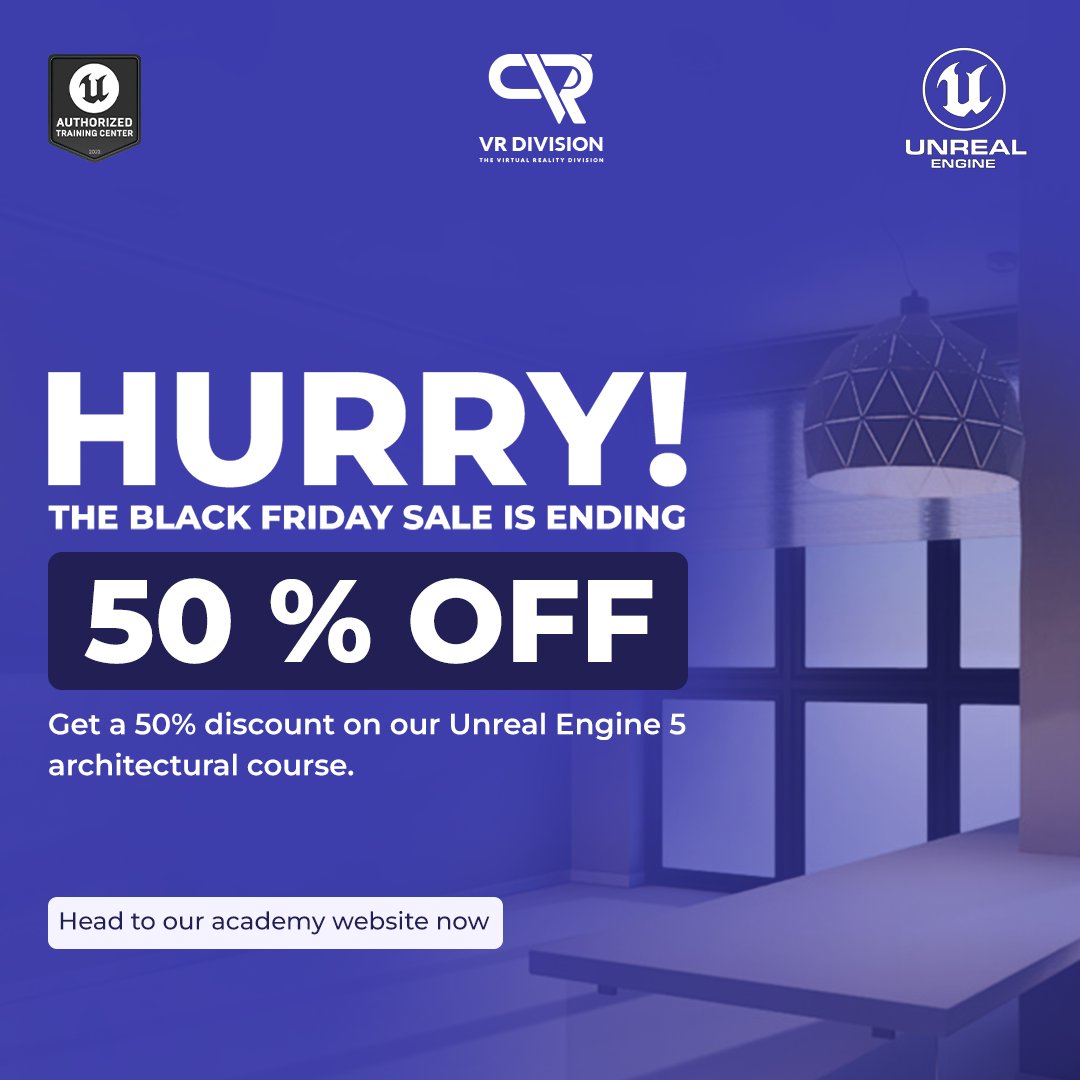 📣This is a friendly reminder about the ticking clock on our 50% Black Friday offer 
🔗 the link:  vrdivisionacademy.com/unreal-engine-…

#vrdivision #BlackFridayOffer l #UE5Course #Architects #VRDAcademy #UnrealEngine5 #LimitedTimeSale