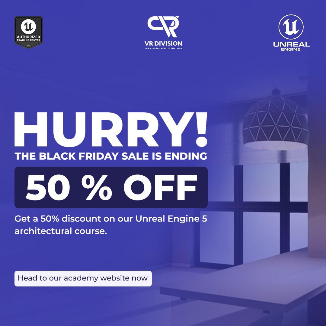 vrdivision's tweet image. 📣This is a friendly reminder about the ticking clock on our 50% Black Friday offer 
🔗 the link:  vrdivisionacademy.com/unreal-engine-…

#vrdivision #BlackFridayOffer l #UE5Course #Architects #VRDAcademy #UnrealEngine5 #LimitedTimeSale