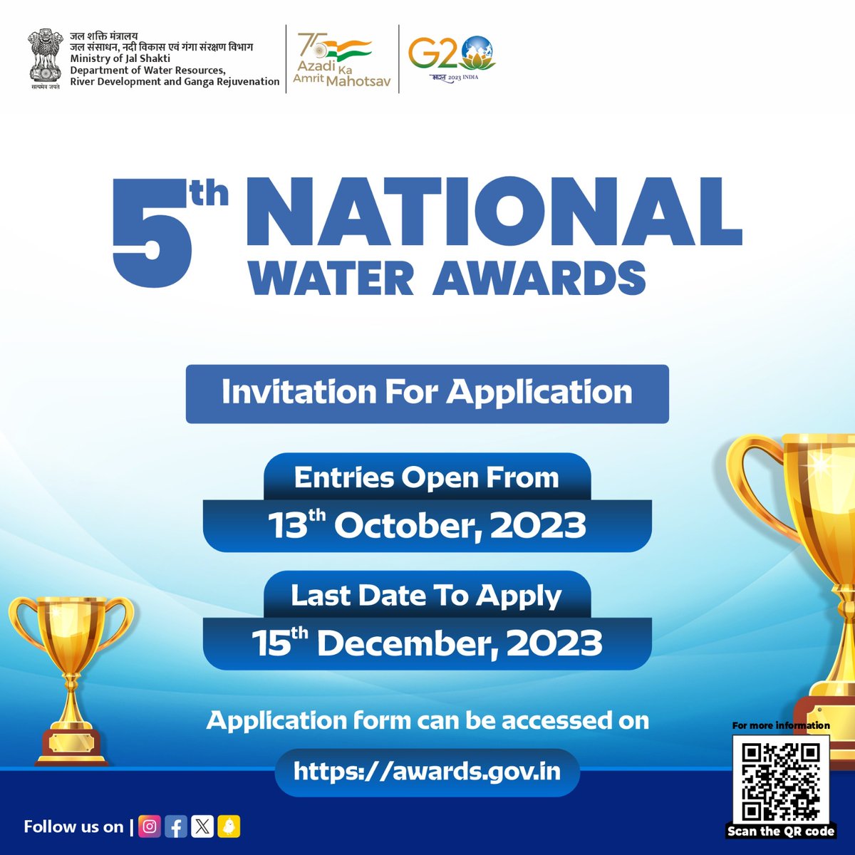 Nominate yourself or someone you know for the 5th #NationalWaterAwards! Whether an individual or an organization, your efforts in #waterconservation deserve recognition. Calling out all the #water #champions! 
#WaterChampions #NominateNow #WaterHeroes #JalShakti #WaterAwards2023