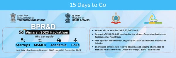 #Vimarsh2023 5G Hackathon' launched by MHA through @BPRDIndia in collaboration with the @DoT_India and @tcoeindia is in full swing! Only 15 days left to showcase your innovation .The last date to apply is 9th Dec 2023 For details : vimarsh.tcoe.in youtube.com/watch?v=0Z6CPy…
