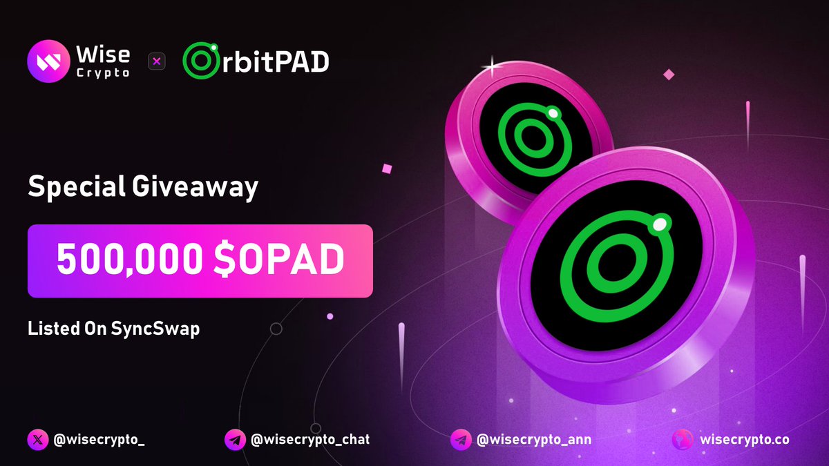 🥳 Wise Crypto X OrbitPad #Giveaway

🏆 Prize Pool - 500,000 $OPAD

To Enter
✅ Follow <a href="/WiseCrypto_/">Wise Crypto</a> &amp; <a href="/orbit_pad/">OrbitPad Finance</a>
✅ RT &amp; Tag 3 Friends
✅ Complete #Gleam gleam.io/LNMGT/orbitpad…

#Airdrop #Giveaways #Crypto #Airdrops #BTC #OPAD