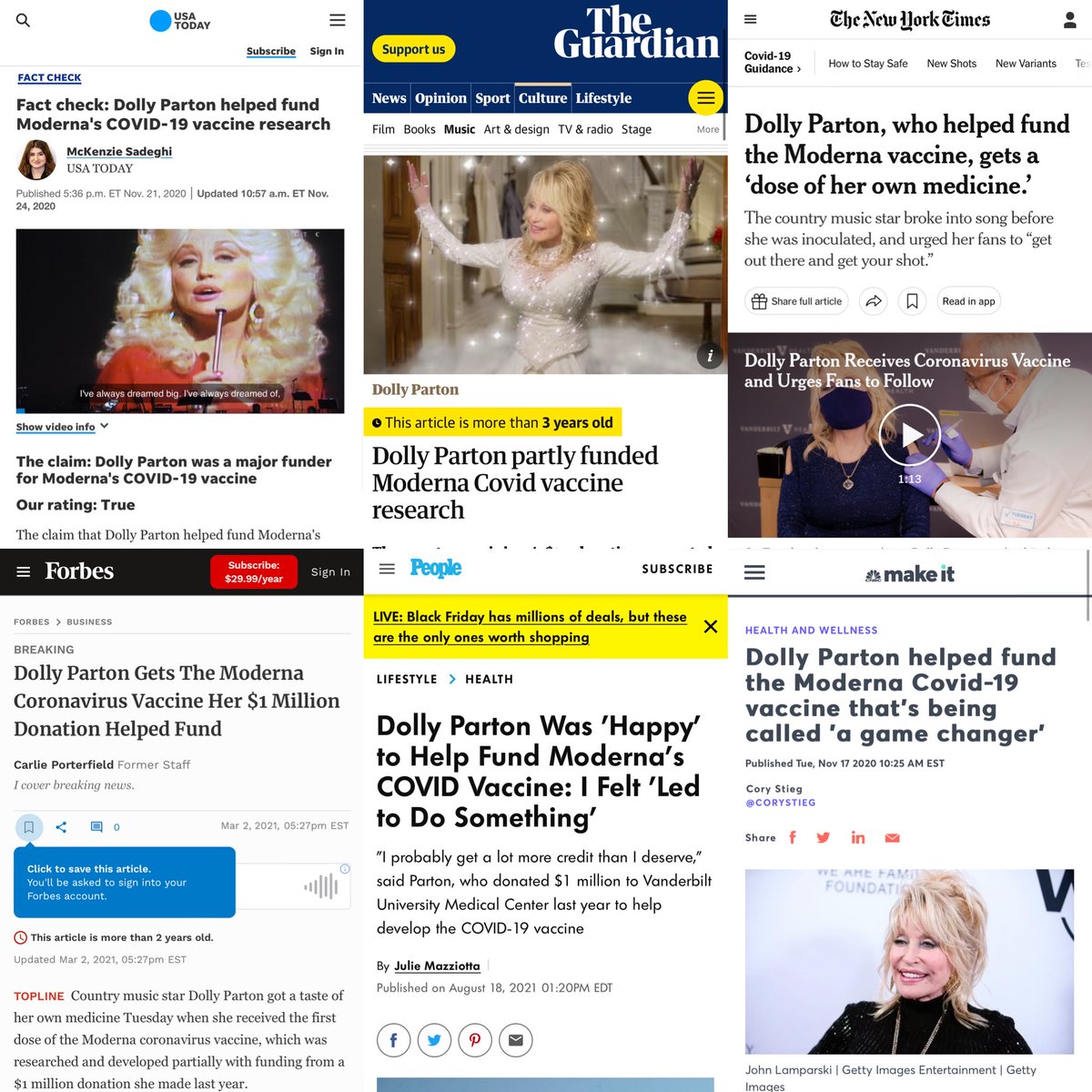 An Open Letter to Dolly Parton : 

Hi <a href="/DollyParton/">Dolly Parton</a>, 

A few years back you donated one million dollars to Vanderbilt University and their COVID-19 research. That money helped fund early-stage vaccine research conducted with <a href="/moderna_tx/">Moderna</a> for the safety of their covid shot. Later