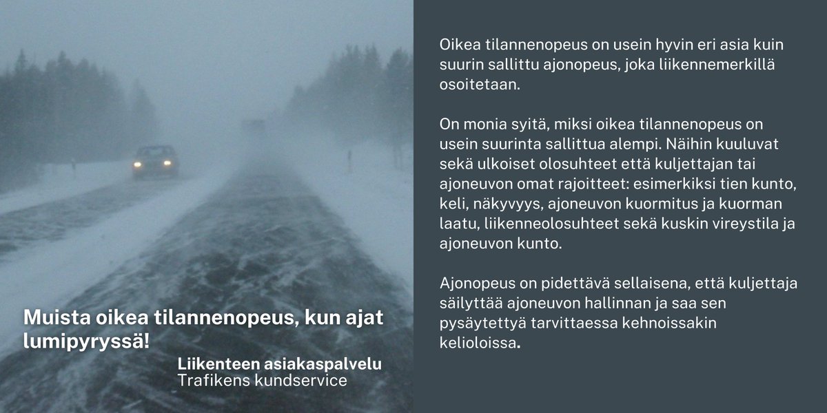 Lumipyry yllätti kesken matkan?🌨️ Sovita ajonopeutesi kelin mukaan!🚘

#LiikenteenAsiakaspalvelu #Liikenne #ELYkeskus #Väylävirasto #Fintraffic