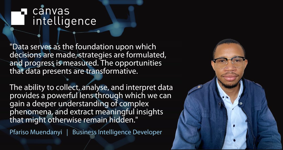 CanvasBI's tweet image. Pfariso Muendanyi, one of Canvas Intelligence's dedicated data heroes and BI Developers, explains the transformative opportunities that data presents.
How has data transformed your decisions or strategies?
#DataDriven #DataHero #BIDeveloper #CanvasIntelligence #Data