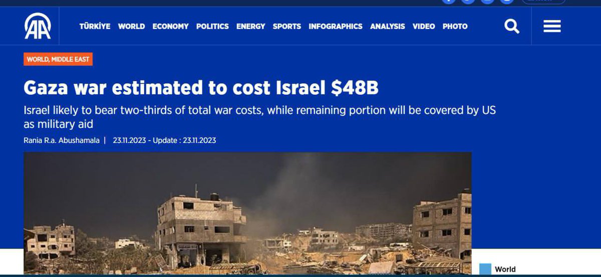 Kanthan2030's tweet photo. Israel + US will spend about $50 billion bombing Gaza.

The idiocy of this is astounding.

Imagine if they spent $5 billion building factories, hospitals, schools and homes in Gaza. There will be peace and goodwill.

But psychopaths cannot think like that. https://t.co/ROdc7TLJyG