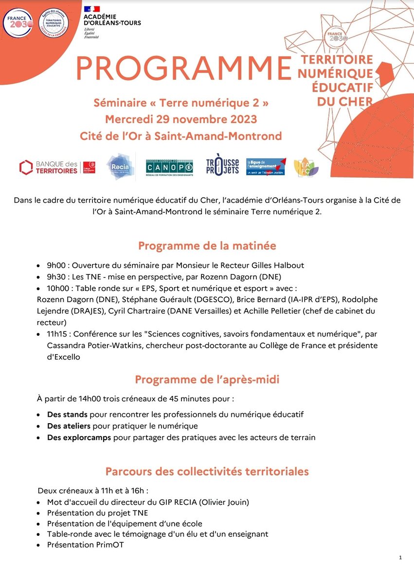 Cette année, au séminaire #TNE Cher
➡️Ouverture par Gilles Halbout, Recteur <a href="/ac_orleanstours/">Académie d'Orléans-Tours</a>
➡️Point TNE <a href="/Edu_Num/">Éducation Numérique</a>
➡️Table ronde "EPS, Sport et numérique et esport"
➡️ Conférence "Sciences cognitives, savoirs fondamentaux et numérique" 
➡️Stands, ateliers, échanges de pratiques