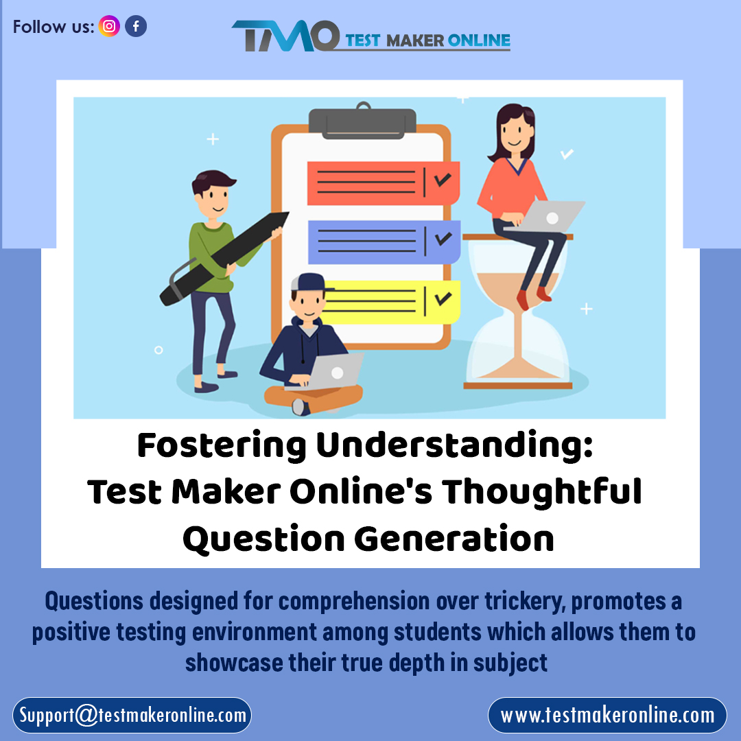 TestMakerOnline's tweet image. Elevate Learning Experiences: Crafting Questions with Purpose at Test Maker Online!

Unleash the power of thoughtful question generation! Transform your assessments with Test Maker Online. 

🌐Visit Now: testmakeronline.com

#FosteringUnderstanding #QuestionGeneration