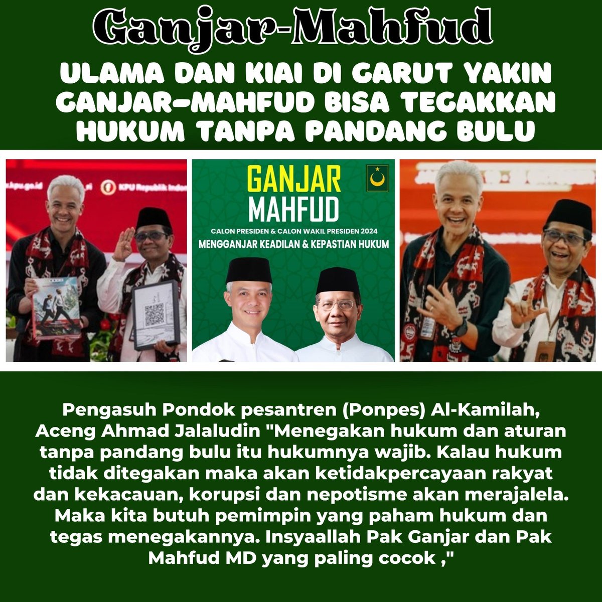 sobat_ganjar's tweet photo. Sejumlah ulama dan kiai pimpinan pondok pesantren (ponpes) di Garut dan Tasikmalaya, Jawa Barat (Jabar) meyakini bahwa pasangan Ganjar-Mahfud merupakan pemimpin yang bisa menegakan hukum tanpa pandang bulu. 
🇮🇩🇮🇩🇮🇩🇮🇩
Ganjar Mahfud T3gakanHukum
P3rkuat Penegakan Hukum https://t.co/xzU0zQ0JPt