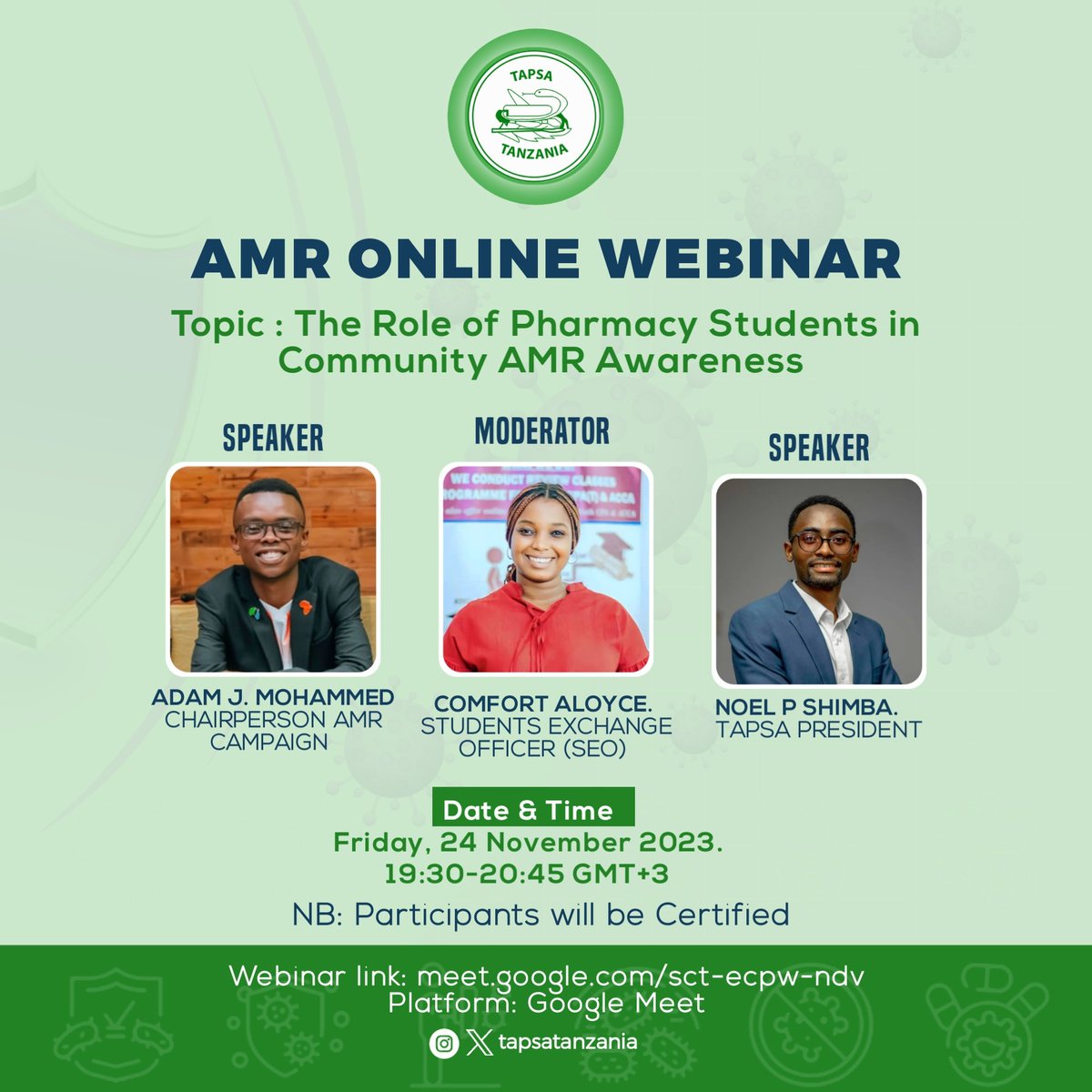 tapsatanzania's tweet photo. TIME:1900-2045 GMT+3
DATE:24th NOV 2023
PLATFORM:GOOGLE MEET
LINK:https://t.co/UwGY99DoI1

NB :ALL PARTICIPANTS WITH AT LEAST 40MINS OF PARTICIPATION WILL BE CERTIFIED📌📌

 TAPS RISE, TAPSA SHINE https://t.co/ngf5fsN8UT