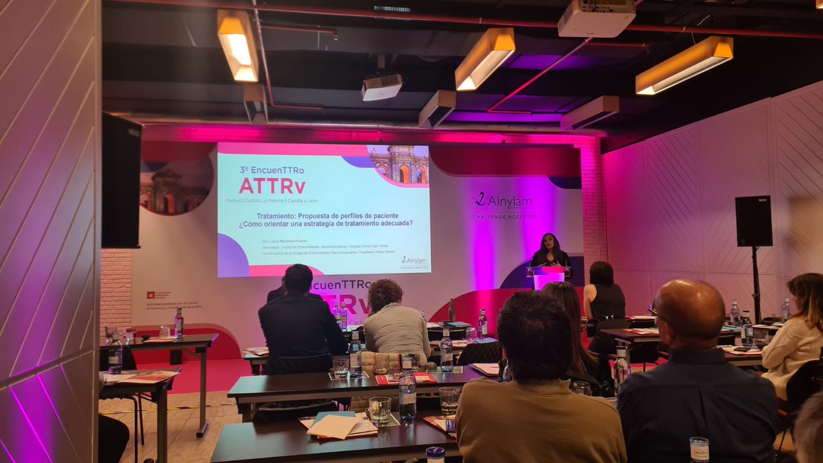 INeuroMadrid's tweet photo. La amiloidosis hereditaria por transtirretina con polineuropatía (#ATTRv) es una enfermedad #sistémica potencialmente #tratable 📢🔍En el 3° encuenTTRo ATTRv, la Dra. Laura Martínez Vicente propone una estrategia terapéutica acorde a diferentes perfiles de pacientes 💡 https://t.co/SQk1Cmbybv