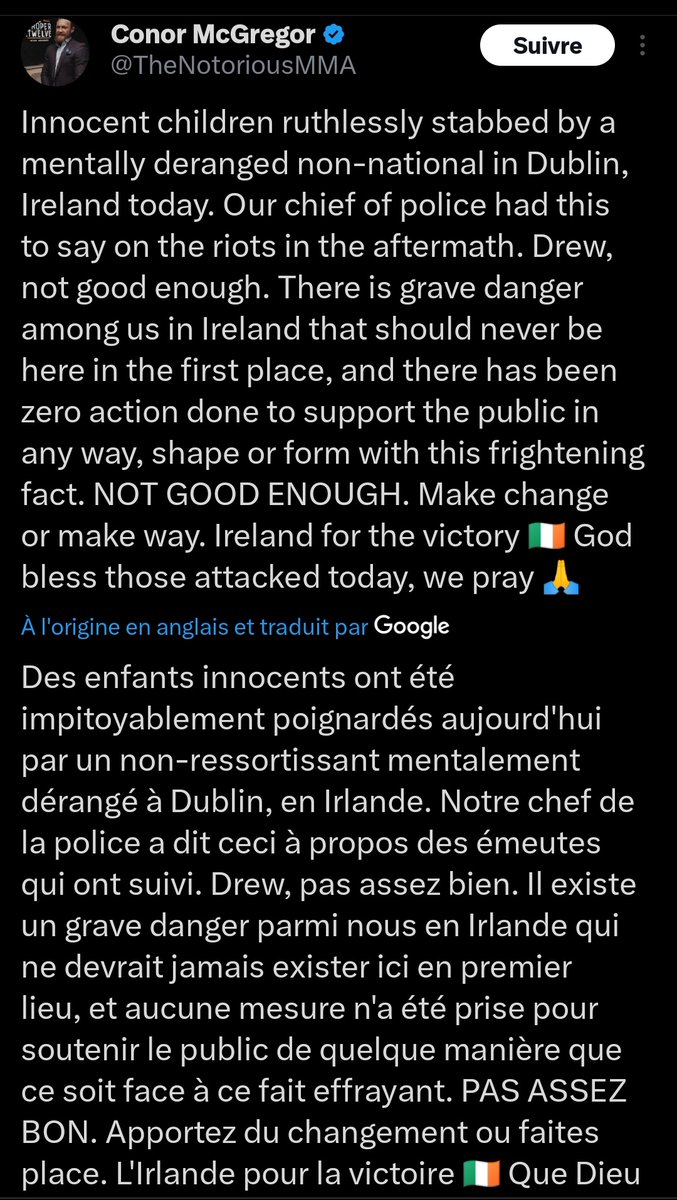 KimJongUnique's tweet photo. Les Français ont Killian MBappé qui tweete de manière bienveillante sur la mort d'un chauffard dangereux, pardon d'un "petit ange".

Les Irlandais ont Conor McGregor, qui pense aux enfants victimes d'une lâche attaque et soutient le peuple révolté.

#Irlande #Ireland #Crepol #Algerian

➡️ Telegram : https://t.co/2B3Bfaol4g