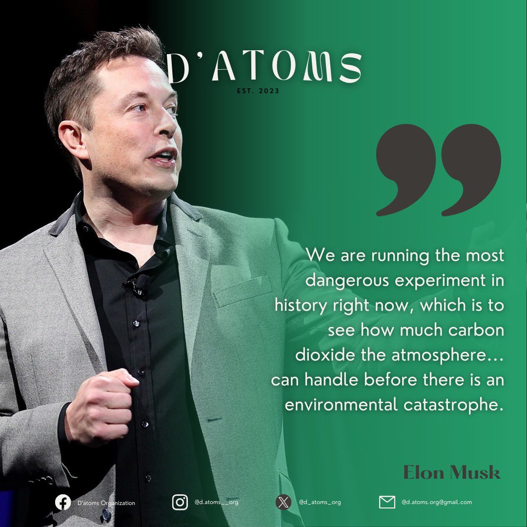 d_atoms_org's tweet photo. Elon Musk has made his way to the peak of his success through making smart innovations in support of climate change and sustainability. He firmly believes that we humans should be aware of how carbon dioxide is damaging our atmosphere. https://t.co/K7GfK49tZu