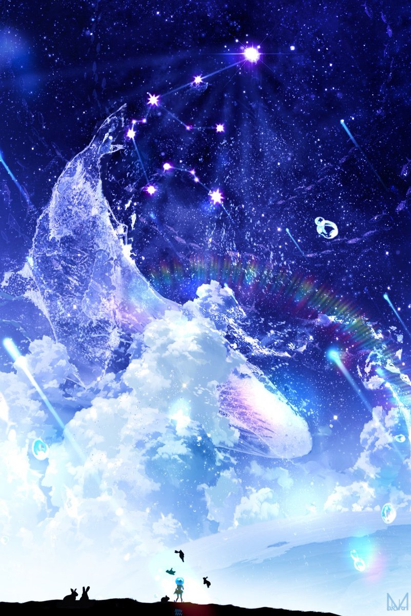 「#青で繋がるみんなの輪 星座シリーズ-水瓶座と魚座-」|まころん🐳のイラスト