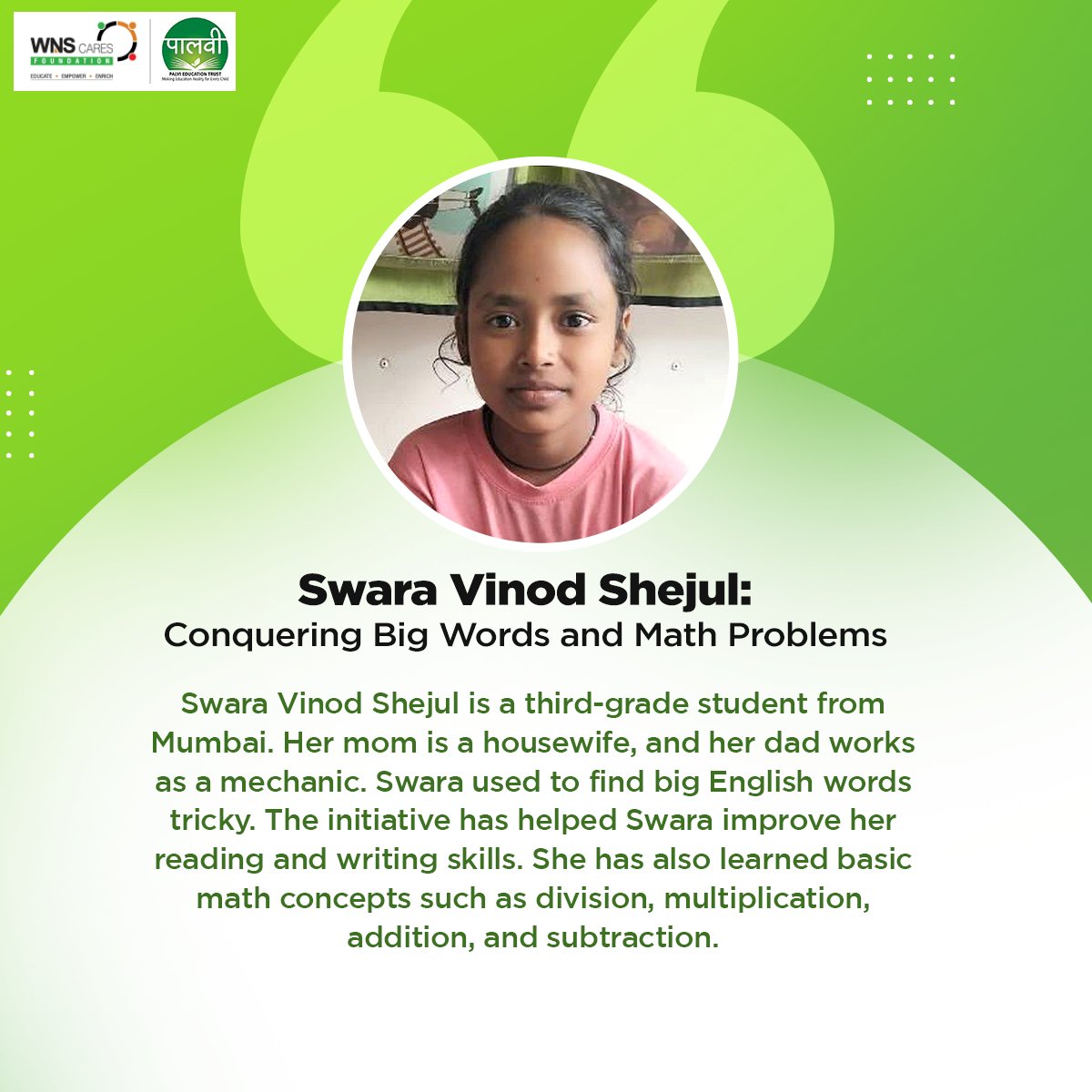 WnsWcf's tweet image. Swara, a 3rd grader, is a regular at #WCFMobileLibrary who has shown remarkable improvement in her reading and math skills. Her progress is an inspiration for all young learners.
#LearnWithWCF #YoungReaders #InspiringKids #SuccessStories