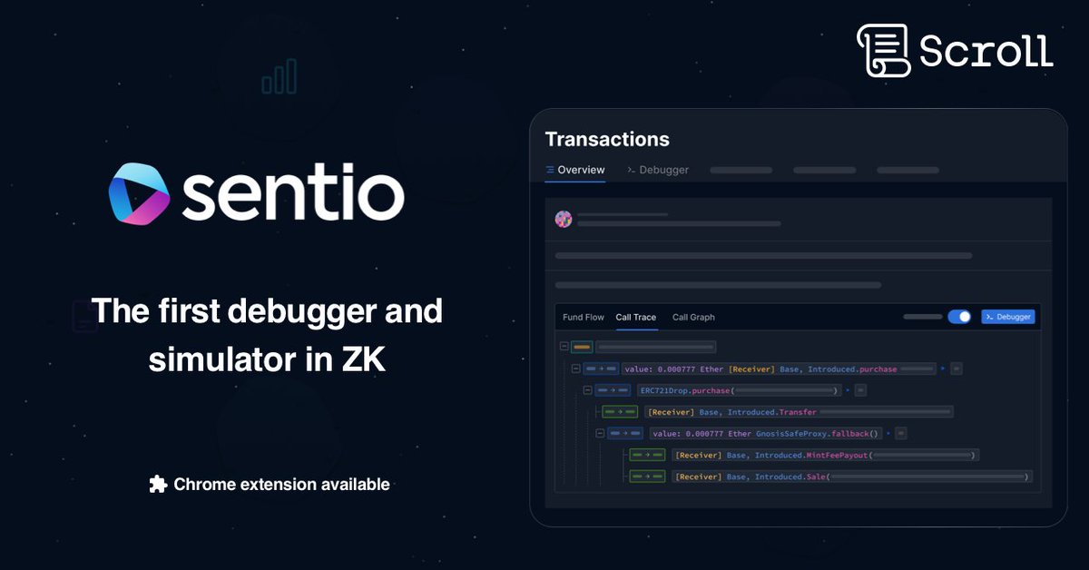 sentioxyz's tweet image. Thrilled to share the launch of first debugger and simulator on @Scroll_ZKP. Scroll developers, view everything about your transaction executions on @sentioxyz! States, balance changes, fund flow, call traces, debug and simulate your transactions.
#debugger #simulator #scroll
