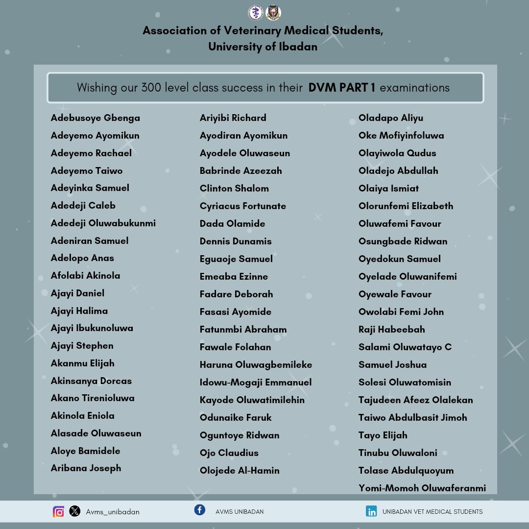 Avms_unibadan's tweet photo. AVMS UI wishes her 300l students success in their DVM1 EXAMS.
It is a time to be positive and trust in your hard work. 
Approach each question with a clear mind, and don't hesitate to showcase what you know. 
Stay hydrated and get all the bits of rest you can. 

 You've got this! https://t.co/a6zf44LTf0
