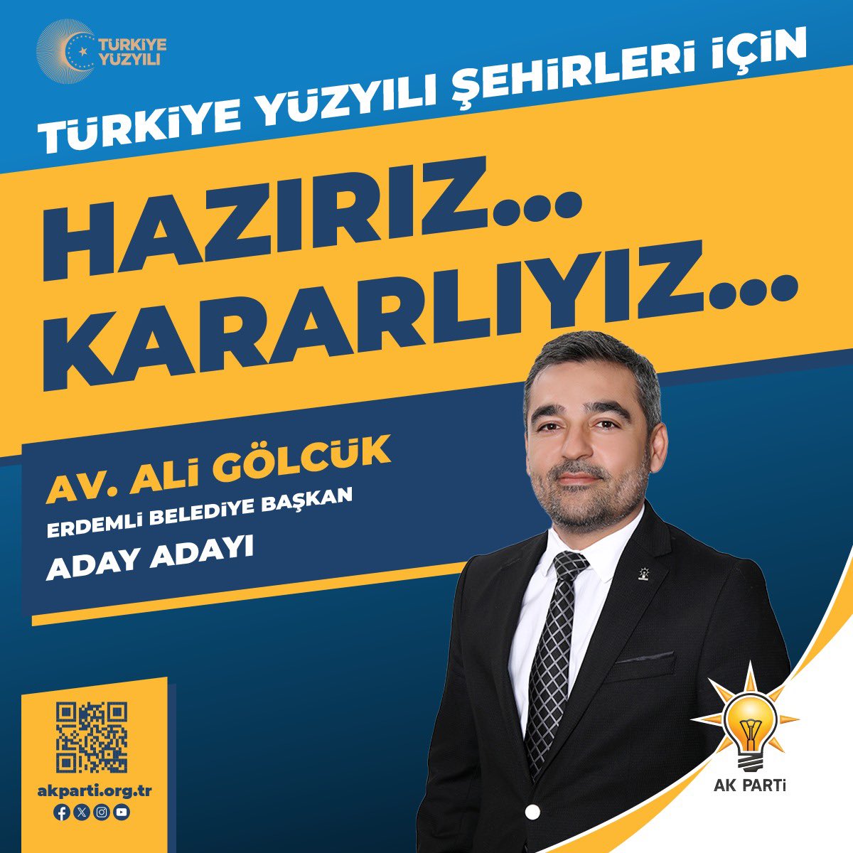 Erdemli için Çıktığım bu yol, kutlu bir yoldur.Çünkü bu yol, millet yoludur.Bu yolda;Hakkını-hukukunu çiğnetmeyecek,
Erdemli’nin her bir evladına, öz anası, öz babası, öz abisi, öz kardeşi gibi sahip çıkacağız.Bizim yolumuz ülkemize ve milletimize, Erdemlimize hizmet etme yoludur