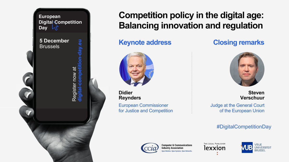 We’re excited to announce that @DReynders (@EU_Competition Commissioner) will deliver the 🎙️ keynote speech at the 5 December #DigitalCompetitionDay, while closing remarks come from Steven Verschuur (General Court of the EU). 👉 Full programme at digital-competition-day.eu/#programme
