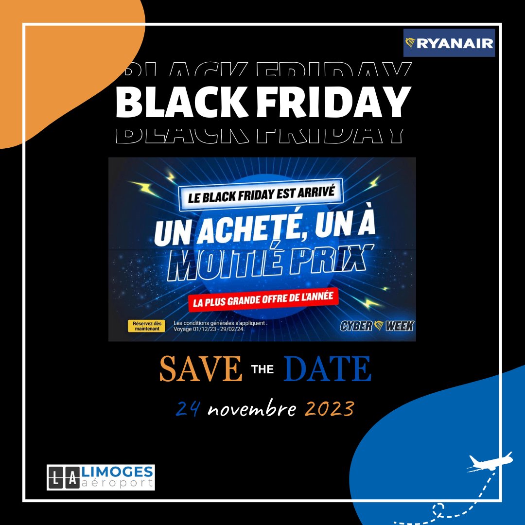 🤩 C'est le jour des bonnes affaires !🤩
1 billet acheté / 1 billet moitié prix 

Réservez maintenant 👇👇👇👇👇👇

Buy one get one half price (ryanair.com)

#aeroportlimoges 
#BlackFriday #gooddeal #londonflight 
#ukholidays #franceholidays #Ryanair #aeroportlimoges
