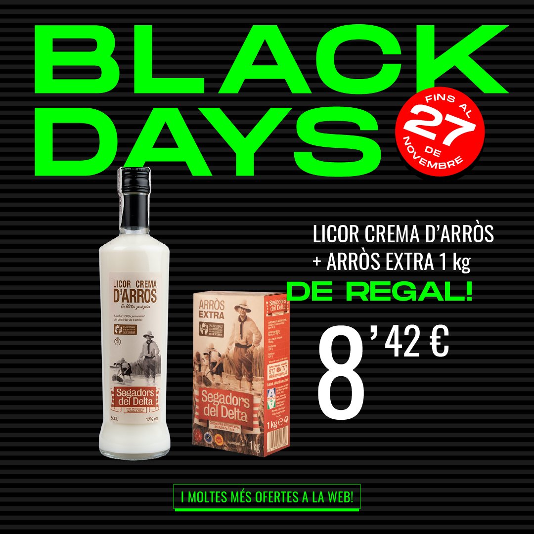 🖤 Ja ha arribat el #BlackFriday! 🖤
I a #Segadorsdeldelta tenim #BlackDays fins al 27 de novembre.
☝ Gaudeix d'ofertes 3x2 en licors o emporta’t 1 kg d’arròs de regal comprant una ampolla de licor!🎁
🏃Corre que volen!
🛒 segadorsdeldelta.com/botiga 

 #licorsdarròs #arròs
