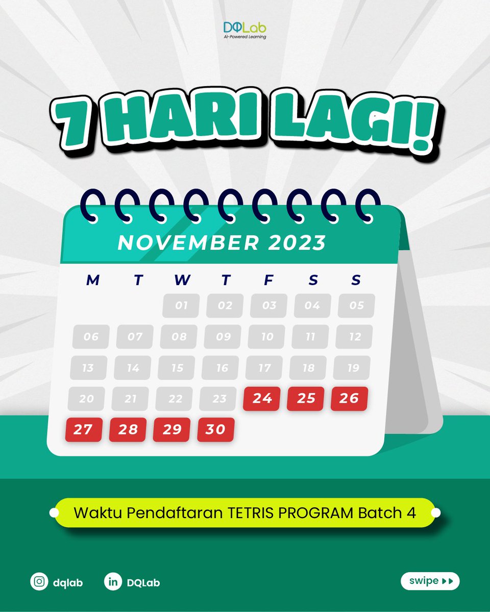 DQLab_id's tweet photo. HARI PENUTUPAN REGISTRASI SEMAKIN DEKAT 😱

Kesempatanmu untuk bisa mengikuti TETRIS Program Batch 4 tinggal seminggu lagi, kamu sudah daftar belum? https://t.co/VWjUu0nGyt