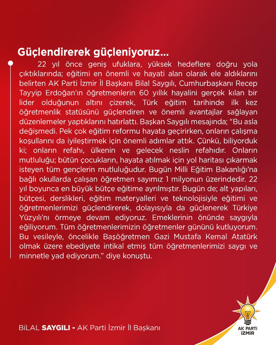 Başkan Saygılı’dan Öğretmenler Günü mesajı

“Öğretmenlerimiz; en değerli yatırımın mimarlarıdır.”