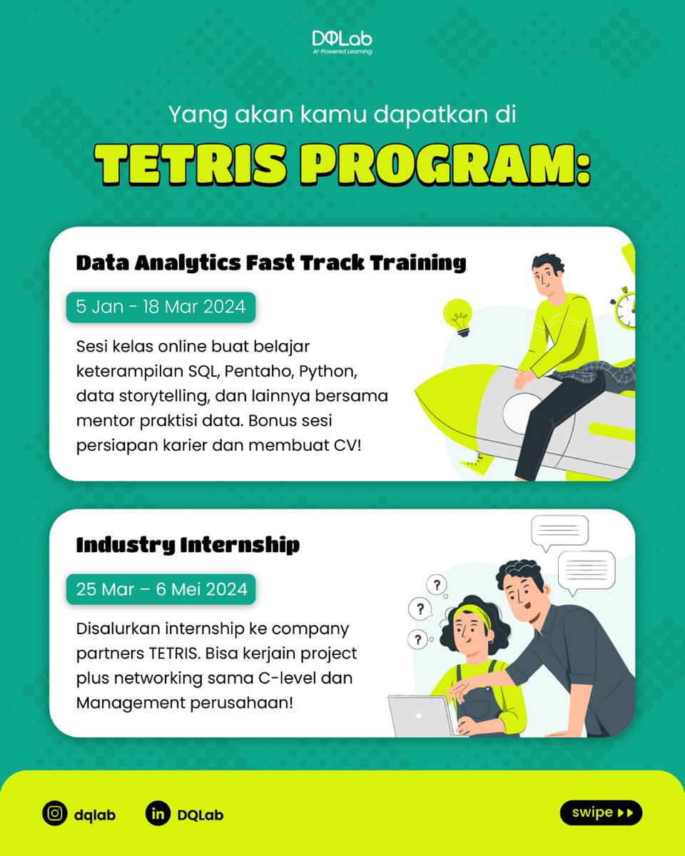 DQLab_id's tweet photo. Di TETRIS Program Batch 4, kamu akan mengikuti 2 rangkaian program:

👩🏻‍💻 Program belajar
👩🏻‍💻 Program internship!

Lihat informasi lengkap dari kedua program ini, di gambar berikut: https://t.co/QLvvuE5jEa