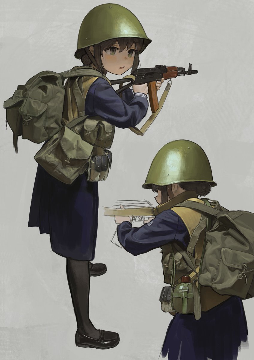 weapon gun pantyhose helmet rifle 1girl bag  illustration images