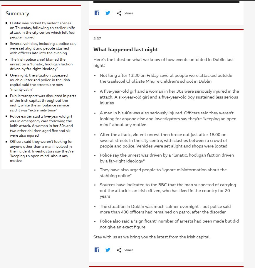 DarrenPlymouth's tweet photo. Two stories on BBC about the trouble in Dublin last night.

No where in either article is there any mention of immigrant, immigration, Algerian, etc etc

Plenty of demonisation of the 'far right' though.

We are being baited. https://t.co/gwZ6G0Tss4
