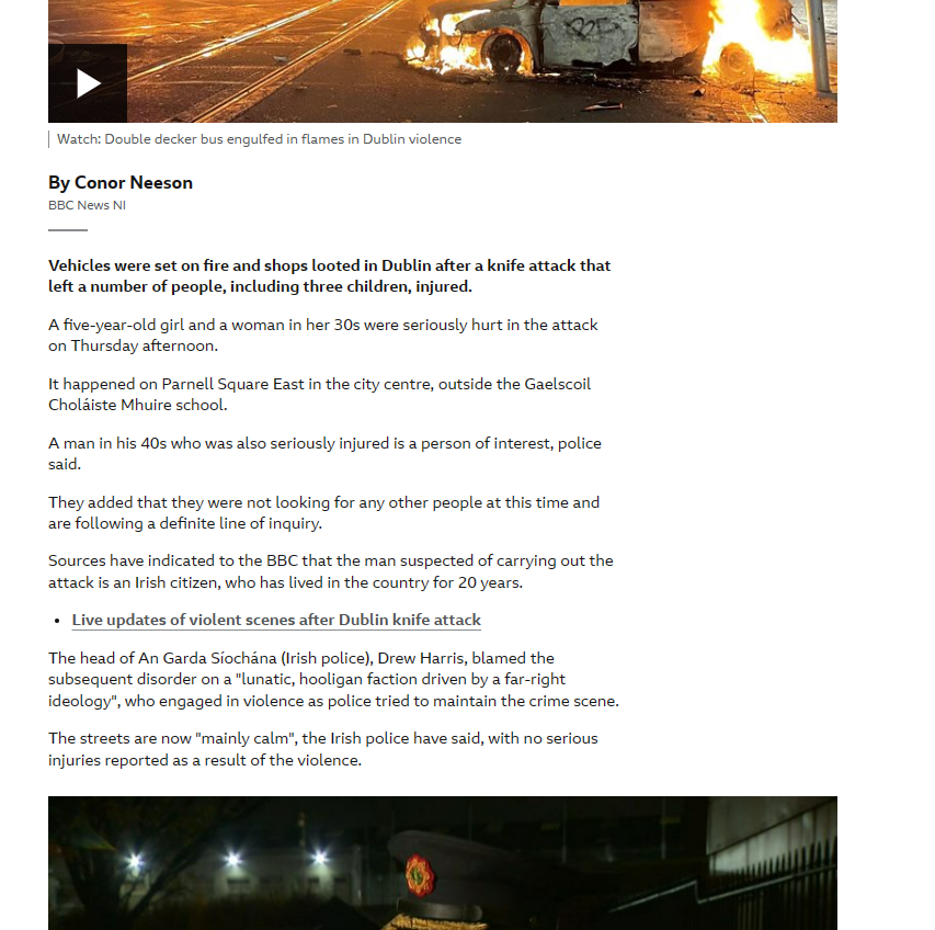 DarrenPlymouth's tweet photo. Two stories on BBC about the trouble in Dublin last night.

No where in either article is there any mention of immigrant, immigration, Algerian, etc etc

Plenty of demonisation of the 'far right' though.

We are being baited. https://t.co/gwZ6G0Tss4