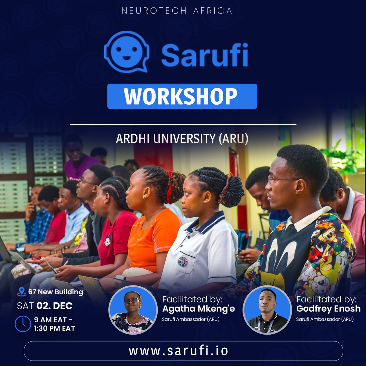 Welcome to <a href="/sarufi_ai/">Sarufi</a> Workshop at Ardhi University ( ARU ) Saturday 02 Dec . 

Come and learn how to build AI Chatbots with Sarufi AI platform and deploy the chatbots to Communication Channels like WhatsApp,  Telegram , Website. 

sarufi.io 

#AI #Chatbots