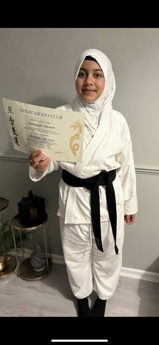 Shamzy5790's tweet photo. A massive thanks to Hoshi Aikido Cardiff Mark Webb Pete Williams for supporting my baby girl achieve her Black Belt in aikido I’m sure you are as proud of her as we are ❤️ from her White belt to her black she has loved every minute of it 🥋💕 https://t.co/Hkeb5cHk9L