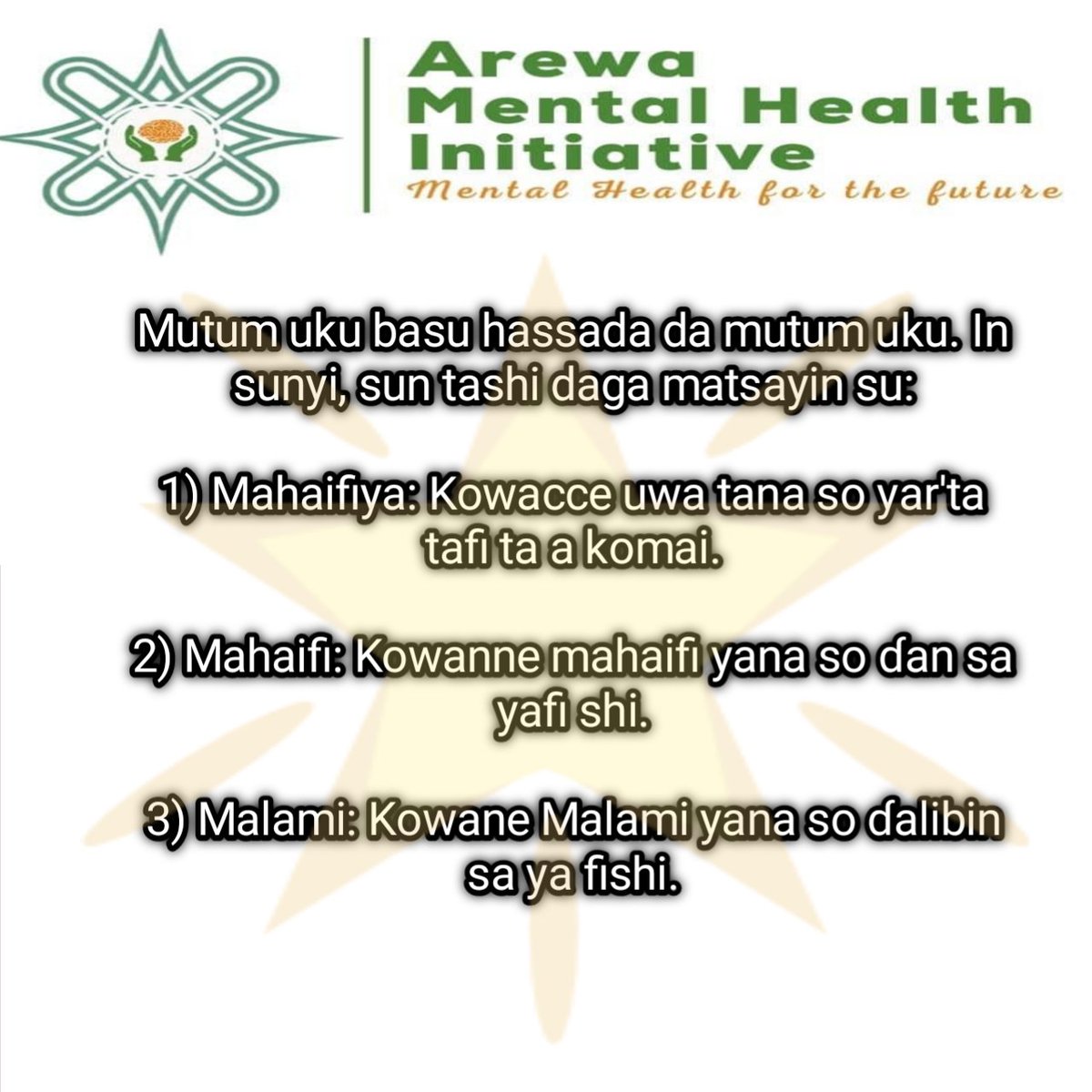 arewamhi's tweet photo. Mutum uku basu hassada da mutum uku. In sunyi sun tashi daga matsayin su:

1) Mahaifiya: Kowacce uwa tana so yar'ta tafi ta a komai.

2) Mahaifi: Kowanne mahaifi yana so ɗan sa yafi shi.

3) Malami: Kowane Malami yana so ɗalibin sa ya fishi.

© AREWA Mental Health Initiative https://t.co/VSUAoQinYY