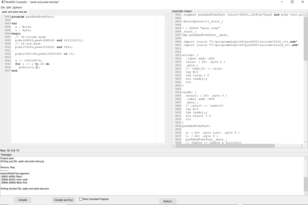 SyntaxErrorSoft's tweet image. Sweet! I&apos;ve been working on my #Pas6502 compiler again. I&apos;ve gotten peek/poke added in and working now (not uploaded yet). The compiler will try to optimize the peek/poke if possible, and if it can&apos;t, it will call the built-in routines writeb/readb under the hood (slower to use).