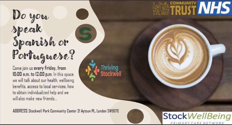 🇵🇹🇪🇸 Reminder: New Group for the #Spanish &amp; #Portuguese Community! 🌟Join every Friday, 10:00am- 12:00pm at Stockwell Park Community Centre:

🤝 Make Friends
🌡️ Health &amp; Wellbeing support 
💷 Benefits support 
🏡Info on Local Services
📋 Individualised Help

Check out flyers 🙌