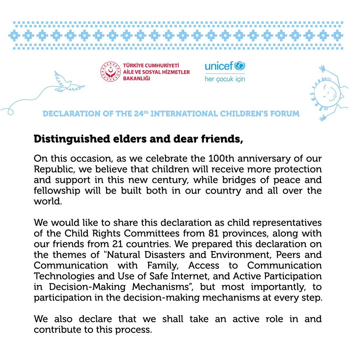 ASHB_COCUK's tweet photo. Children from 81 Provincial Child Rights Committees and children from different cultures of the world have a message to all adults📩

 "Trust us and give us the opportunity. Then together we can make the world a more child-friendly place."

@tcailesosyal 
@MahinurOzdemir https://t.co/sfA6ffrz1n