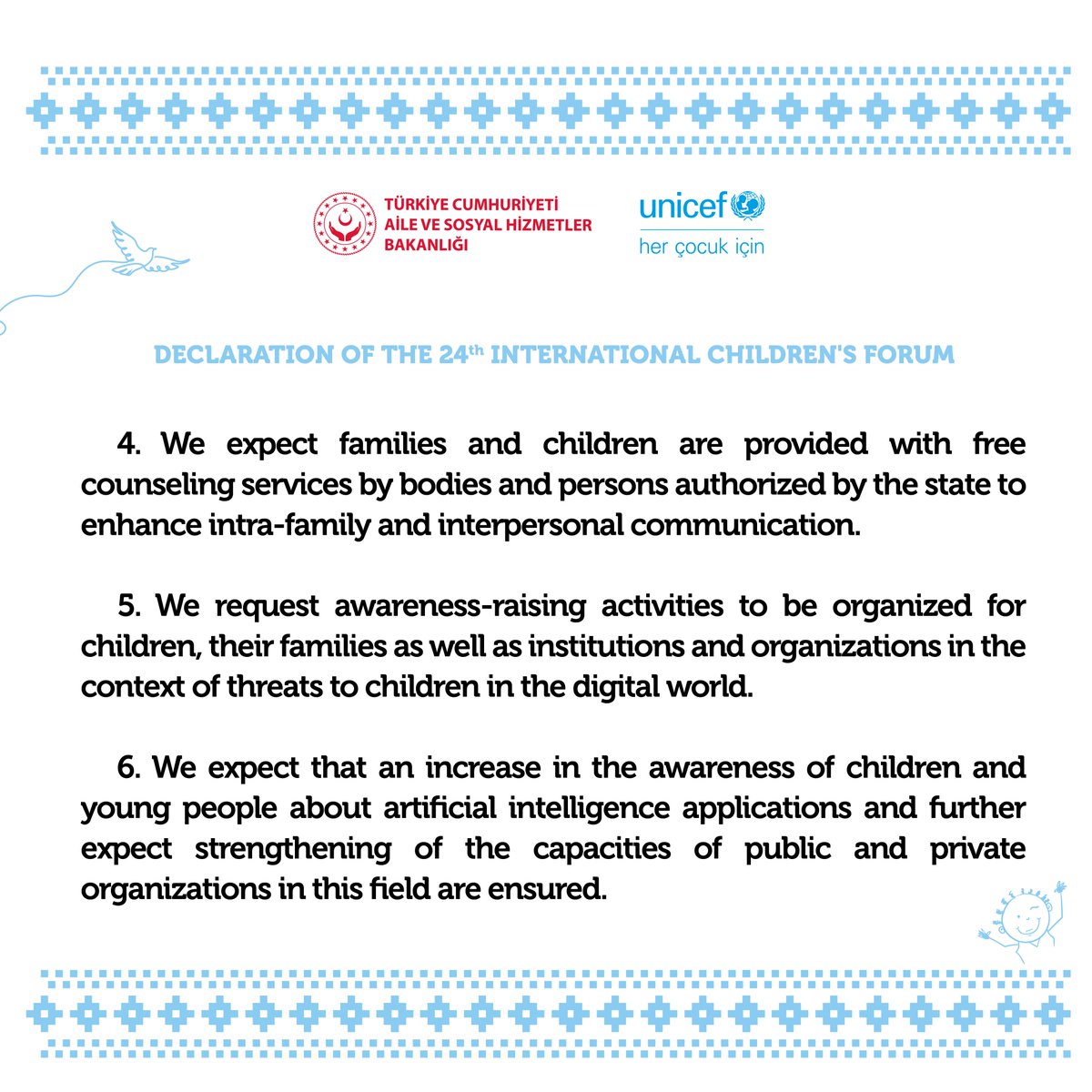 ASHB_COCUK's tweet photo. Children from 81 Provincial Child Rights Committees and children from different cultures of the world have a message to all adults📩

 "Trust us and give us the opportunity. Then together we can make the world a more child-friendly place."

@tcailesosyal 
@MahinurOzdemir https://t.co/sfA6ffrz1n
